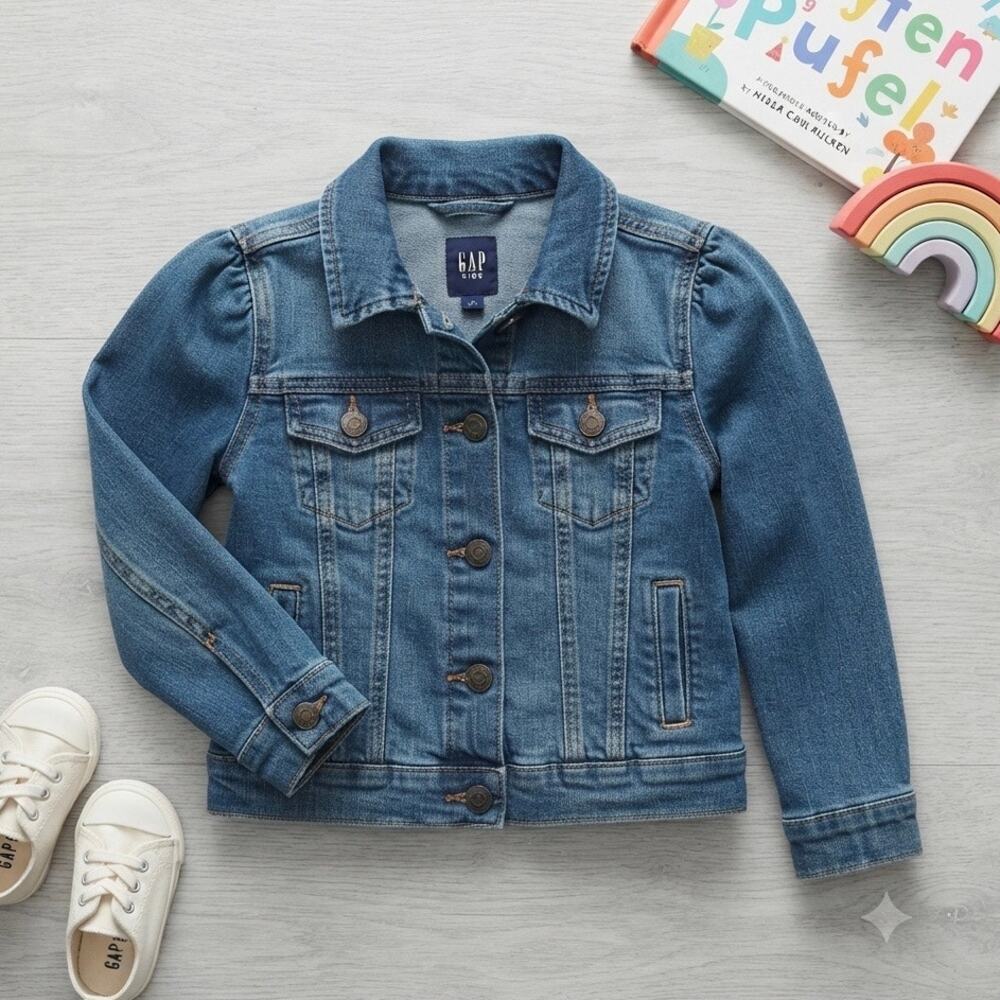 GAP KIDS | Girl Medium Wash‎ Denim Jacket Puffed Sleeve Jean Stretch | XS (4/5)